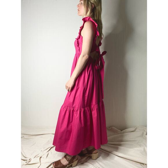 CAARA Ruffle Open Tie Bow Back Cotton Magenta Prairie Maxi Dress NWT US MEDIUM - Picture 6 of 16
